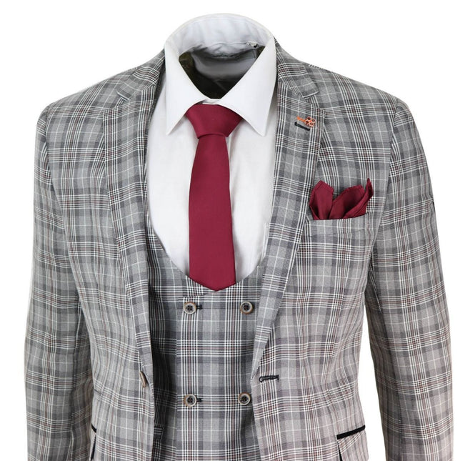 Mens 3 Piece Grey Check Retro Vintage Classic Suit