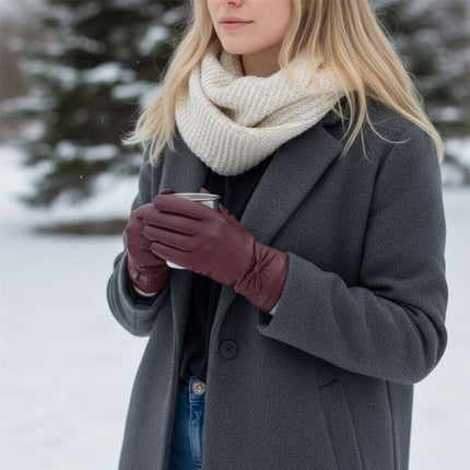 Womens Burgundy Red Italian Leather Winter Bow Design Soft Wool Lining Gloves - L-GLV-401