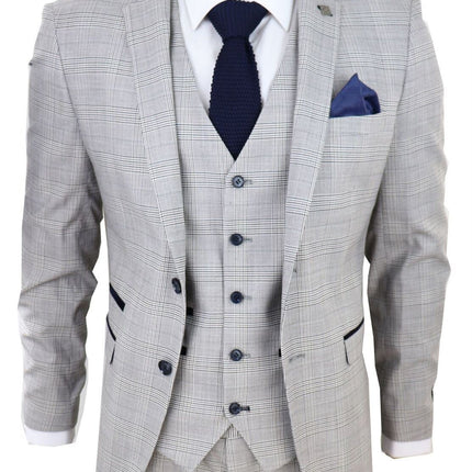 Mens Grey 3 Piece Tan Brown Check Tailored Fit Suit