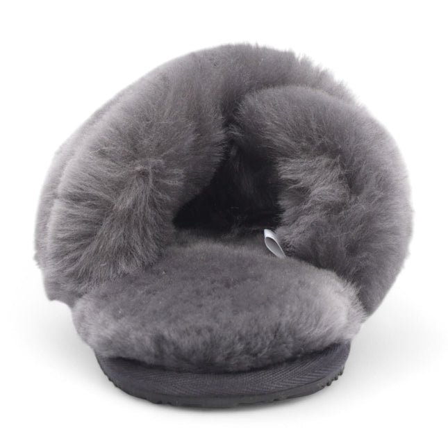 Women's Sheepskin Slippers Grey Warm Winter Fur Crossover - Snowbelle