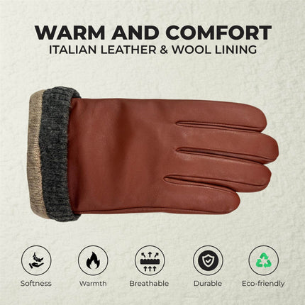 Men's Tan Brown Italian Leather Warm Wool Lining Winter Knit Rib Gloves - M-LGV-105