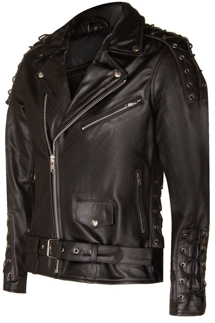 Mens Embossed Brando Leather Biker Jacket-Chicago