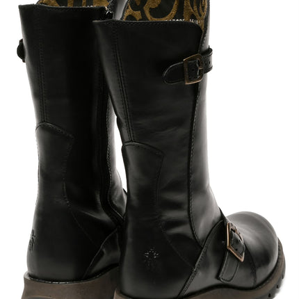 Fly London Womens Black Mes 2 Wedge Heel Buckle Mid-Calf Leather Zip Platform Boots