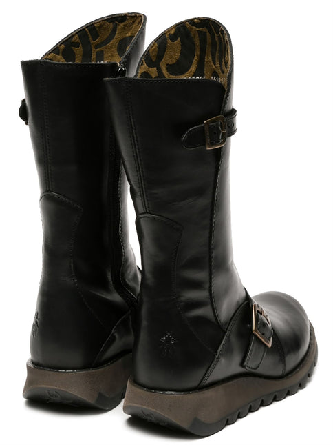 Fly London Womens Black Mes 2 Wedge Heel Buckle Mid-Calf Leather Zip Platform Boots