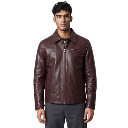 Mens Leather Brown Harrington Collar Biker Jacket - Arick