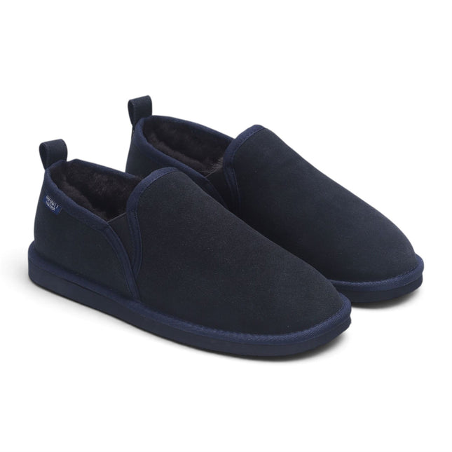 Men's Navy Blue Genuine Sheepskin Suede Slipper Winter Moccasins - Cedar