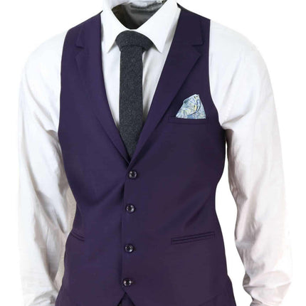 New Mens 3 Piece Suit Plain Purple Classic Tailored Fit Smart Casual 1920s Formal