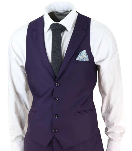 New Mens 3 Piece Suit Plain Purple Classic Tailored Fit Smart Casual 1920s Formal