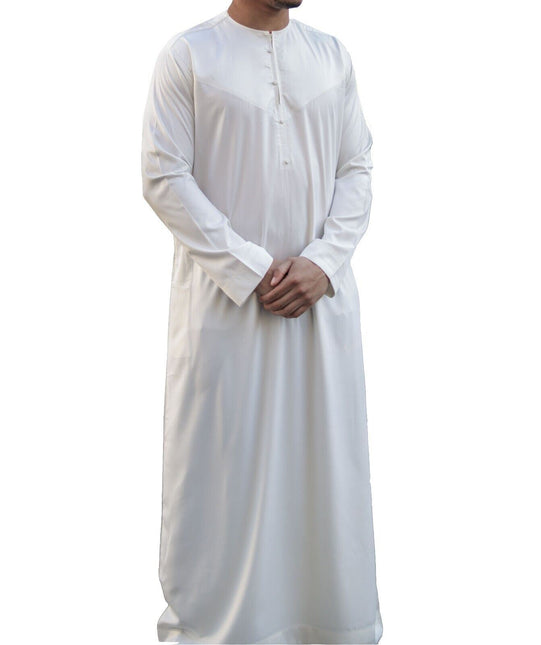 Men's Cream Beige Thobe Robe Satin Emirati Islamic Jubba Eid Regular Fit