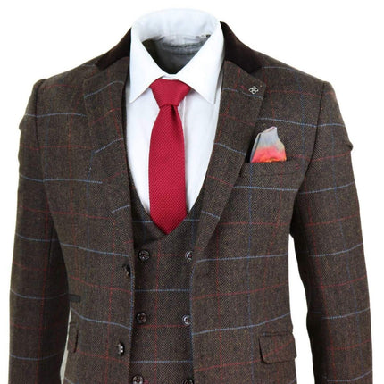 Mens 3 Piece Dark Brown Check Tweed Herringbone Vintage Classic Suit