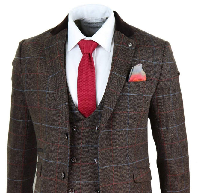 Mens 3 Piece Dark Brown Check Tweed Herringbone Vintage Classic Suit