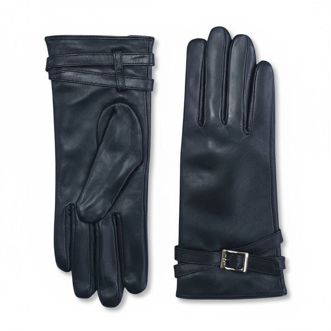 Womens Black Italian Leather Winter Buckle Soft Wool Lining Gloves - L-GLV-601