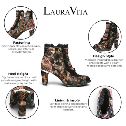 Laura Vita Floral Womens Victorian Bronze Leather Heel Ankle Boots - Alcbaneo-130