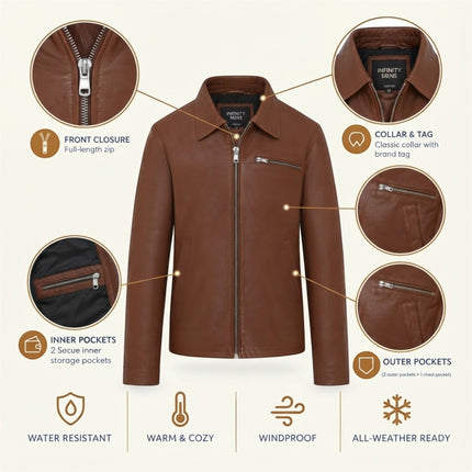 Mens Leather Tan Harrington Collar Biker Jacket - Arick