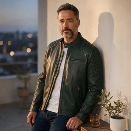 Mens Green Leather Quilted Shoulder Biker Jacket - Rock