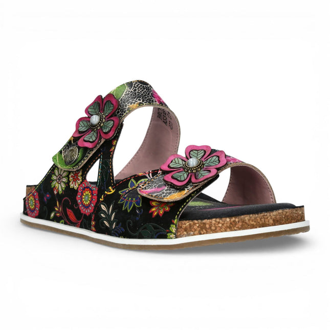 Laura Vita Women's Brcyano 32 Black Floral Leather Strappy Slipper Sandals