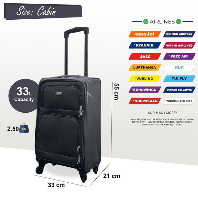 Soft Shell Lightweight Cabin Suitcase 55 x 33 x 21 cm Luggage Suitable for Easyjet, Ryanair