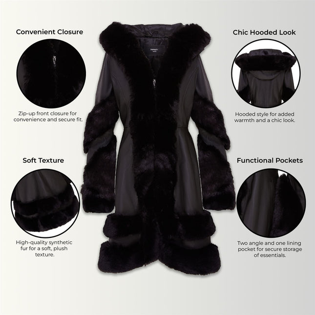 Womens Flared Black Luxury Leather Hooded Cape Coat With Fur