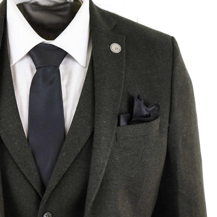 Mens 3 Piece Olive Green Wool Tweed Vintage Retro Suit