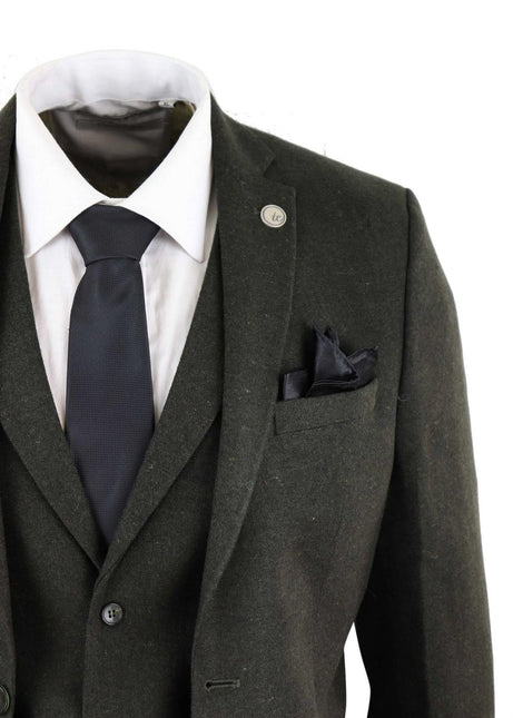 Mens 3 Piece Olive Green Wool Tweed Vintage Retro Suit