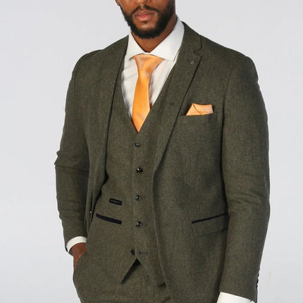 Men's Olive Green Wool Blend Tweed Formal Suit