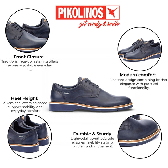 Pikolinos Men's Blue Leather Lace-Up Derby Comfort Shoes - Claret