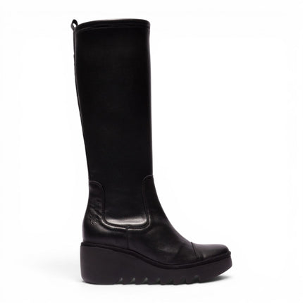 Fly London Womens Black Leather High Wedge Heel Long Boots - BUDI603