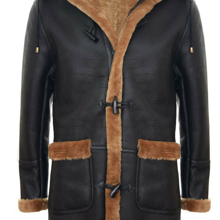 Mens Winter Sheepskin Hooded Duffle Coat-Helsinki