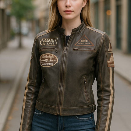 Womens Biker Racing Badges Leather Jacket-Eastleigh