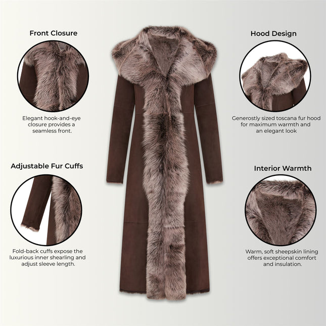 Womens Suede Toscana Sheepskin Hooded Trench Coat-Rushden
