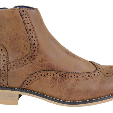 Mens Tan Leather Brogue Zip Up Chelsea Boots