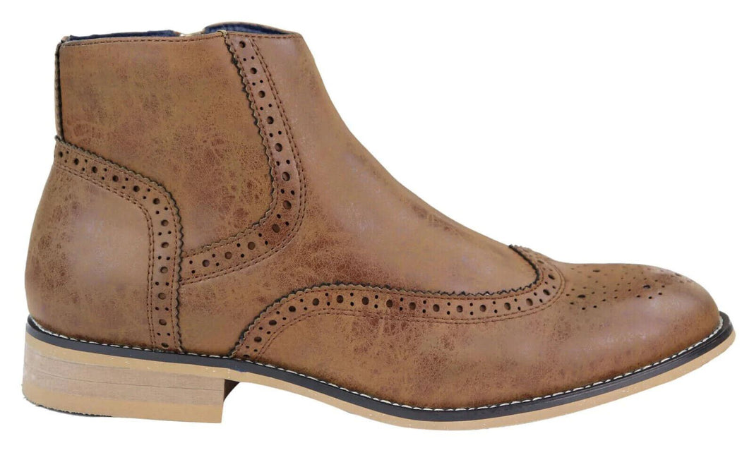 Mens Tan Leather Brogue Zip Up Chelsea Boots