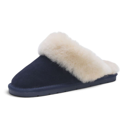 Women's Genuine Sheepskin Navy Blue Suede Mule Winter Slippers - Luna