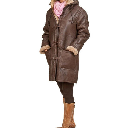 Womens Brown Hooded Sheepskin Leather Duffle Coat-Charlotte