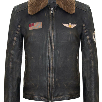 Mens Badged Vintage Black Leather Bomber Jacket-Tunis