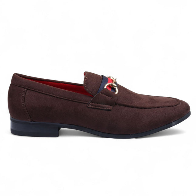 Men's Brown Suede Loafers with Gold Buckle Slip-On Dress Shoes