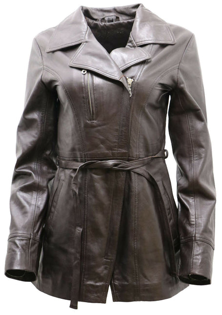 Womens Leather Long Biker Jacket-Muscat