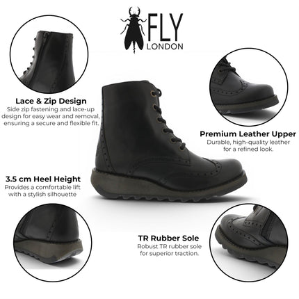 Fly London Women’s Black Leather Lace-Up Ankle Boots- SARL069