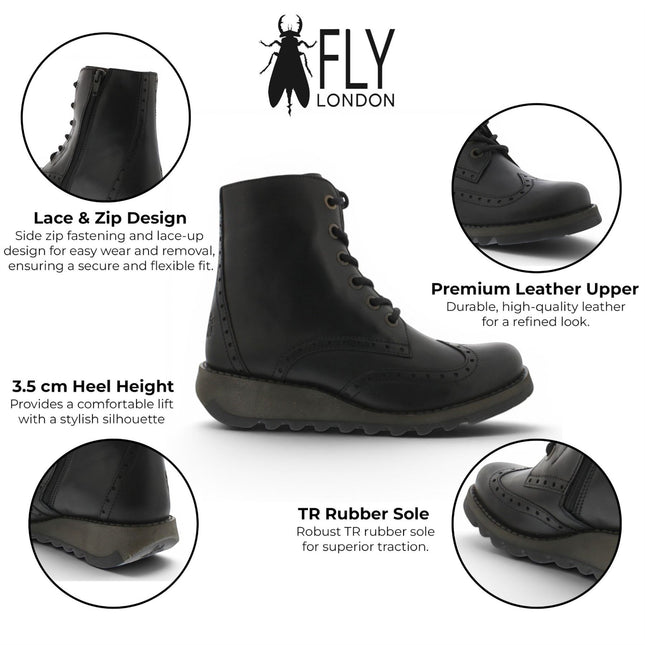Fly London Women’s Black Leather Lace-Up Ankle Boots- SARL069