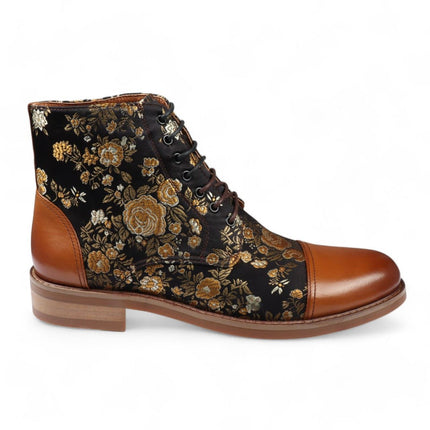 Justin Reess Men's Brown Floral Print Leather Oxford Ankle Boots - Adam