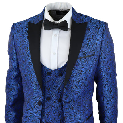 Mens Blue Tuxedo Blazer Waistcoat Brocade Black Satin Paisley Dinner Jacket