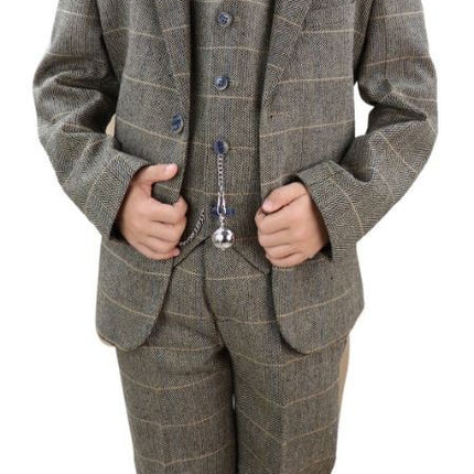 Boys 3 Piece Tan Brown Herringbone Tweed Check Classic  Suit
