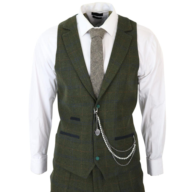 Mens 3 Piece Wool Suit Olive Green Tweed Check Peaky Blinders 1920 Gatsby Formal