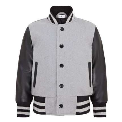Kids Grey Wool Varsity Bomber Jacket with Real Leather Sleeves