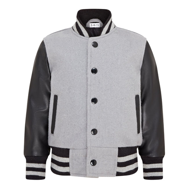 Kids Grey Wool Varsity Bomber Jacket with Real Leather Sleeves