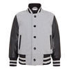 Kids Grey Wool Varsity Bomber Jacket with Real Leather Sleeves