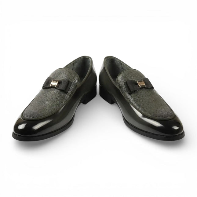 Mens Olive Green Textured Front Iconic Buckle Bow Loafers Shoes