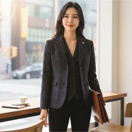 Women's Navy 2 Piece Check Formal Tweed Blazer & Waistcoat Set - TPSTZ-7