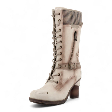 Mustang Women's Cream White Mid-Calf Lace Up Heeled Combat Boots