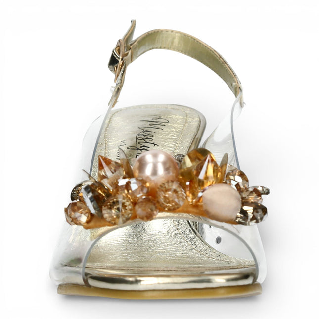 Laura Vita Women’s Marlene-12 Clear Golden Slip-On Cinderella Tapered Pump Heel Ankle Strap Sandals